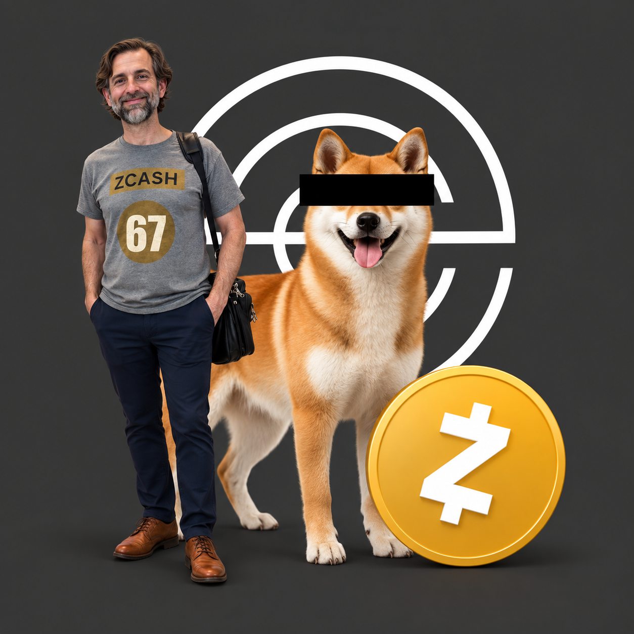 Zooko-inspired figure wearing a Zcash 67 shirt beside an anonymous Shiba Inu and a gold Zcash coin